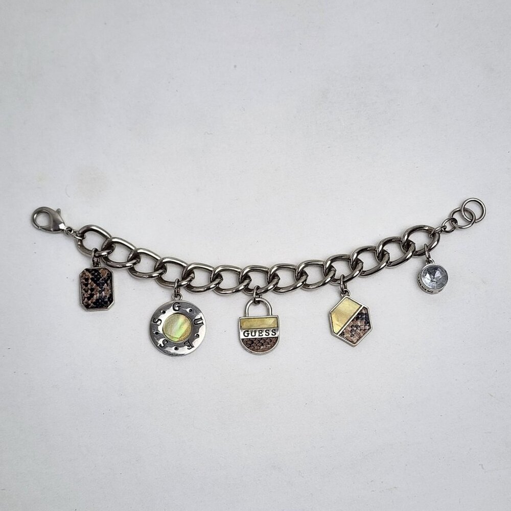 Guess Silver-Tone Charm Bracelet Snake Print Mother of Pearl Accents VTG 00s Y2K